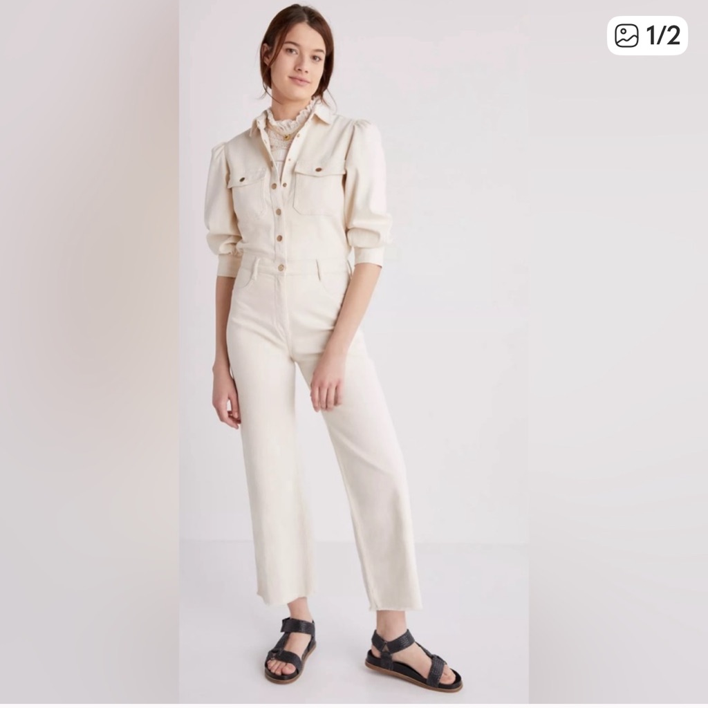 Dl1961 Freja Cream Denim Puff Sleeve Cropped Leg Button Up Jumpsuit, Small